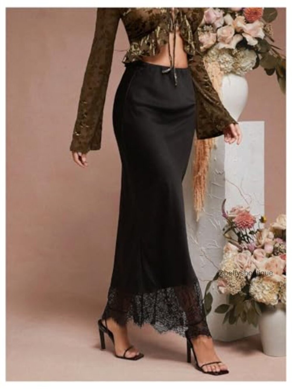 Satin Lace Maxi Skirt High Waist Fishtail Long Skirts - Picture 2 of 5